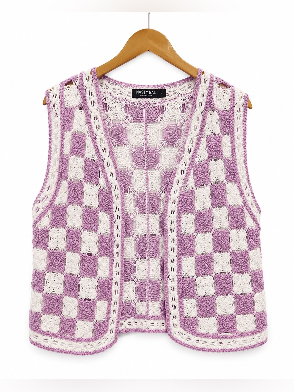 Nasty Gal Purple & Cream Crochet Checkered Vest